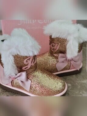 Juicy Couture Pink and Gold Glitter Fur Bow Booties
